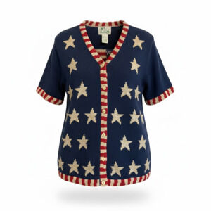 The Quacker Factory Vtg American Flag Stars&Stripes Short Sleeve Knit Cardigan S